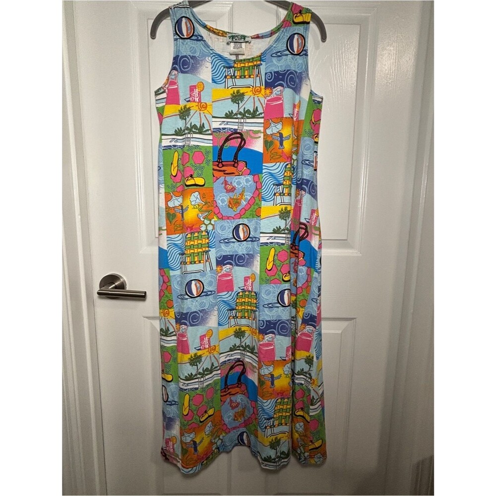 Vintage 90s Coconut Bay Maxi Dress S Beach Print USA Made Cotton Granny Kitsch